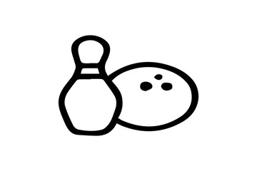 This icon depicts a simple black and white line drawing of a bowling pin next to a bowling ball. The ball features three finger holes, clearly indicating its use in the sport of bowling.