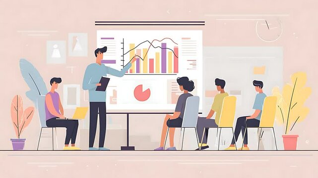 Business Presentation: Team Meeting with Data Analysis and Graphs