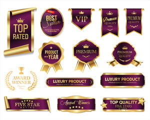 Top rated and award winner gold and purple badge and emblem collection stock illustration