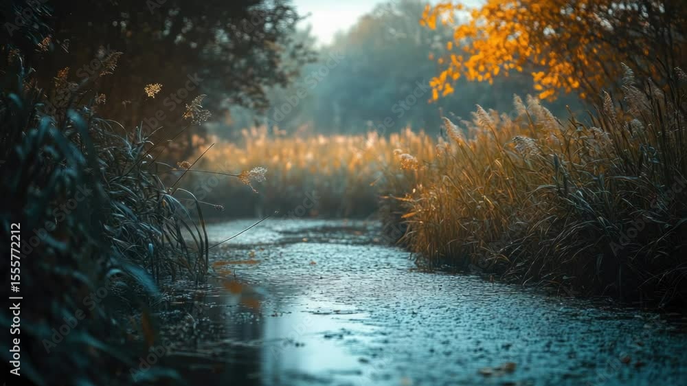 Poster a serene and peaceful scene of a stream flowing through a dense and vibrant green forest