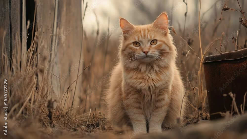 Poster a close-up view of an orange cat sitting in the middle of a green field