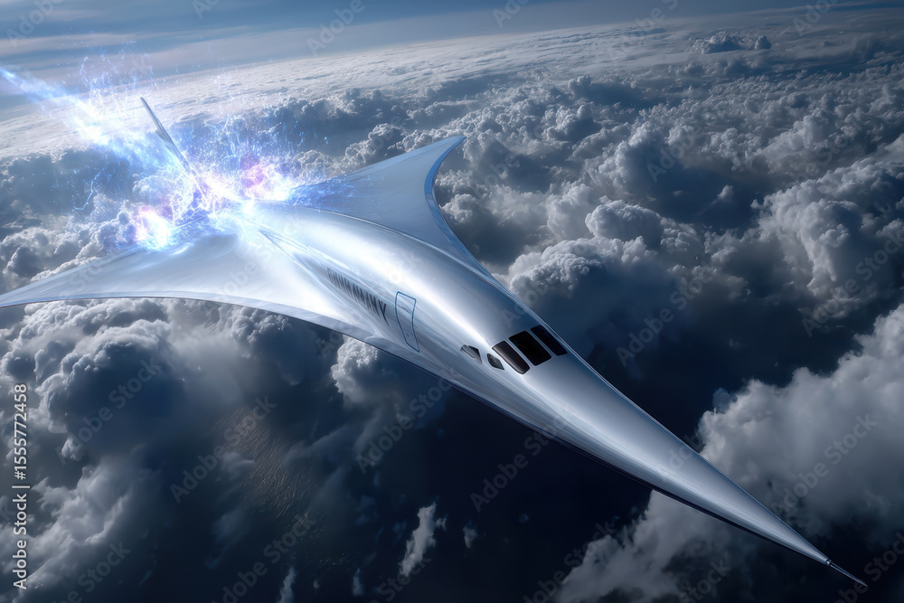 Poster advanced aircraft soaring above the clouds with dynamic energy effects in a futuristic environment