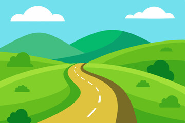 A cute cartoon road leading into the far distance over several rolling green colored hills