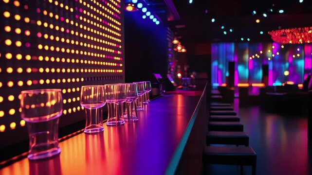 Vivid LED lights creating an energetic atmosphere in a modern bar at night, Defocused background with colorful LED lights in the night club