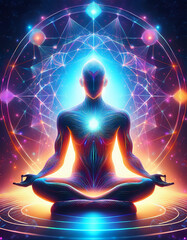 A glowing human silhouette sitting in meditation, surrounded by cosmic light and floating geometric patterns