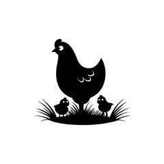 A black silhouette of a hen standing in grass with two chicks on a white background art