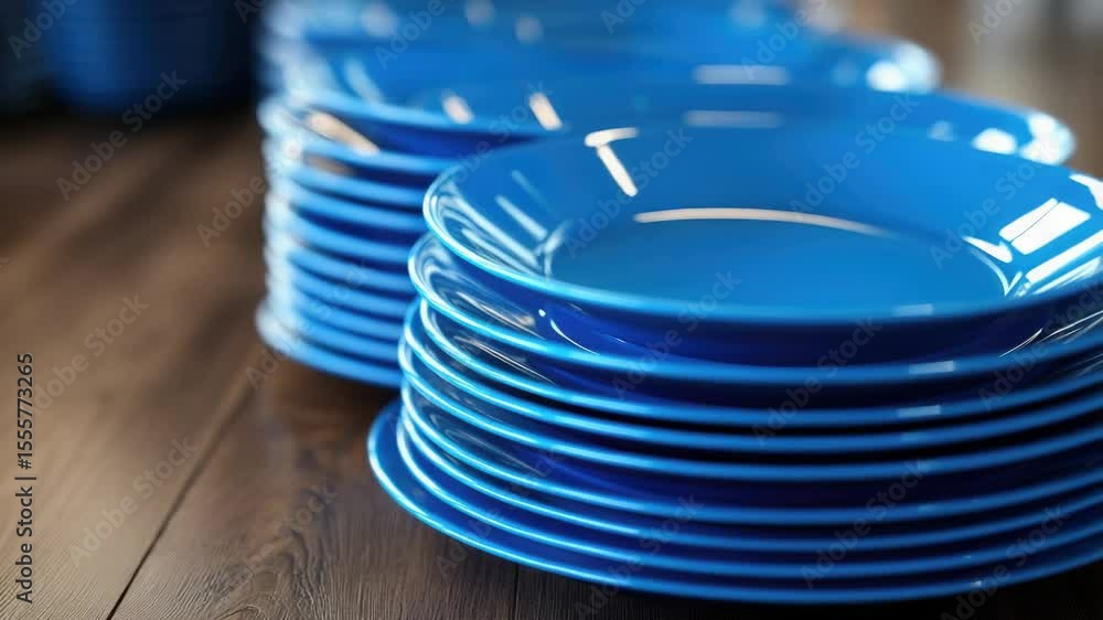 Poster A collection of blue plates stacked on a wooden table, ready for use or display
