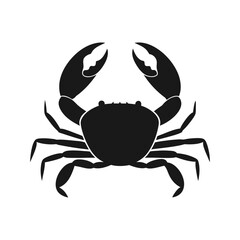A simple black silhouette of a crab with large claws raised on a plain white background view
