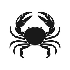 A simple black and white illustration of a crab with large claws and multiple legs shown