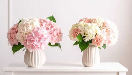 Bouquets of hydrangeas and carnations in pastel colors in vases set on a table. Romantic floral background