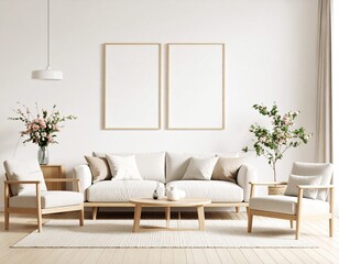 mock up poster frame in modern interior background, living room, Scandinavian style, 3D render, 3D illustration