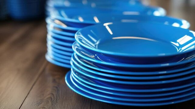 A collection of blue plates stacked on a wooden table, ready for use or display