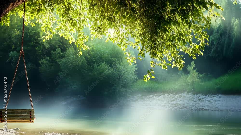Poster branches of a tree sway over a serene river with a wooden swing in the gentle breeze at dawn, branch