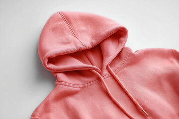 A close-up of a comfortable-looking hooded sweatshirt in a soft coral color, showcasing its texture and design against a plain background.
