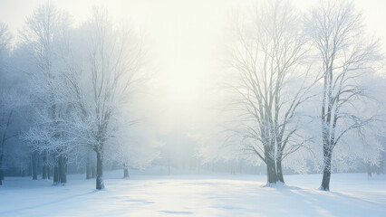 Winter landscape with snow covered field and bare trees in soft light misty atmosphere cold season scene