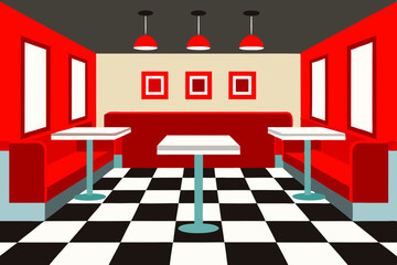 A nostalgic classic American diner interior with checkered floors and bright red booths