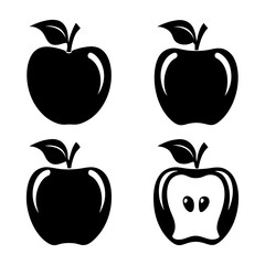 A set of four black and white apple illustrations with one apple cut in half showing seeds