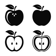 Four apple icons in black and white showing whole and halved apples with leaves and stems