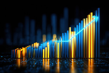 Obraz premium 3D-rendered ascending bar chart with glowing blue and gold columns, dynamic upward arrow, digital financial data overlay, modern corporate presentation background