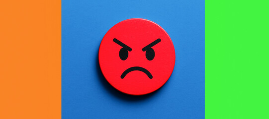 Single round coin with an angry cartoon face in bold red tones placed on a clean blue background, perfect for mood icons, expressive emotion graphics, or playful sticker and emoji design elements.