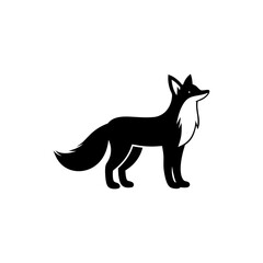 Stylized black and white illustration of a fox standing with its head turned to the right