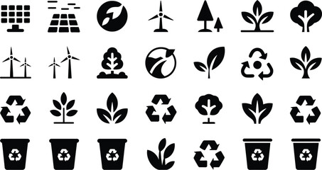 Collection of black and white ecology and environmental protection icons set