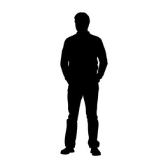 A mans silhouette stands with hands in pockets, isolated on white background