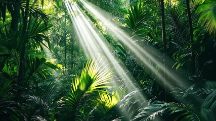 Sunlight filters through the jungle canopy illuminating tropical foliage in a wild forest setting, Jungle forest sunlight through canopy Wild tropical nature environment - Powered by Adobe
