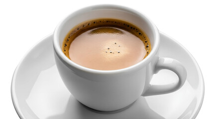 A classic white ceramic cup of freshly brewed espresso or black coffee, featuring a rich, dark brown liquid topped with a smooth layer of golden-brown crema.