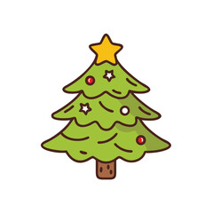 Merry Christmas tree decoration with star and ornaments isolated on white background.