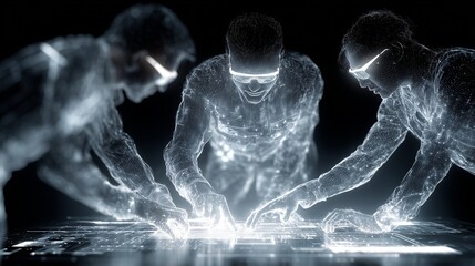 Team working on a futuristic holographic interface, advanced technology and digital teamwork concept
