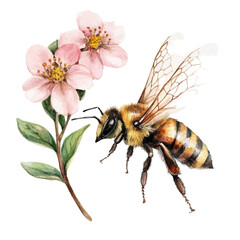 Bee Hovering Spring Garden, watercolor illustration vector, isolated on a white background.