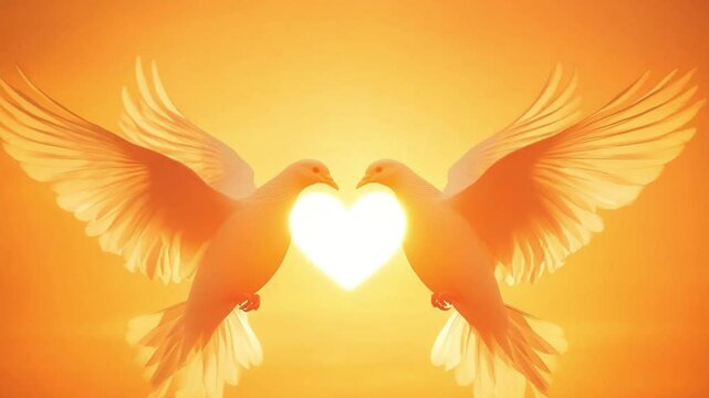 Two white doves forming a heart shape against a golden sunset background, symbolizing love