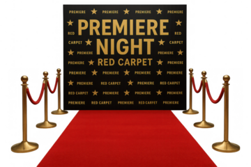 Gold stanchions framing red carpet premiere sign, marking exclusive entertainment industry event with vip entrance barrier