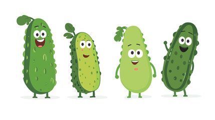 Fototapeta premium Delightful set of cute cartoon pickles with different characters and playful expressions, designed in a cheerful kawaii style, ideal for food-themed illustrations, children’s content