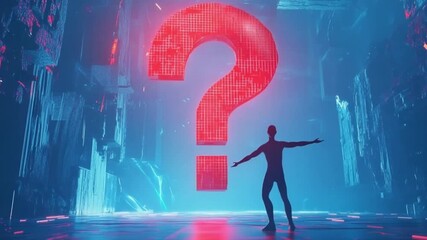 Futuristic silhouette stands before a glowing question mark in a digital landscape, exploring possibilities - Powered by Adobe