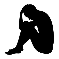 A woman sits alone, head in hands, a silhouette isolated on white background