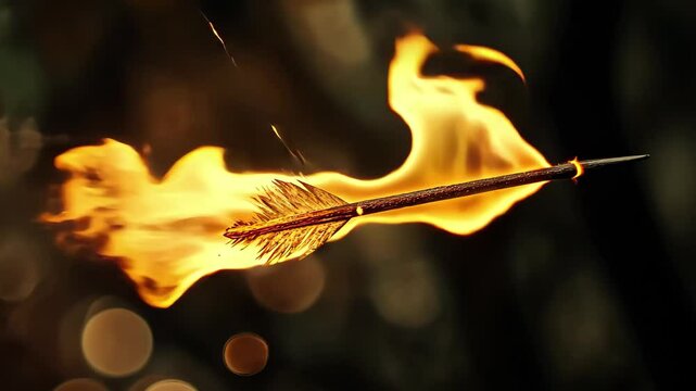 Flaming arrow in slow motion showcases dynamic fire effects and dramatic movement, Flaming arrow, slow motion