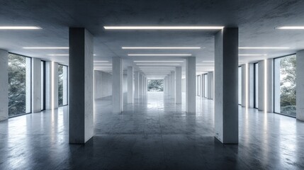 Modern concrete hall with tall columns and glowing windows, embodying minimalist elegance and serene spaciousness