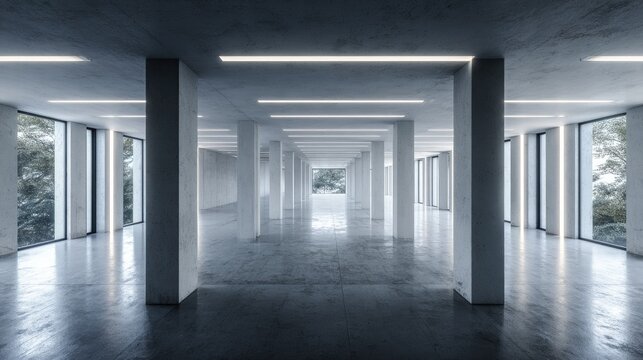 Modern concrete hall with tall columns and glowing windows, embodying minimalist elegance and serene spaciousness