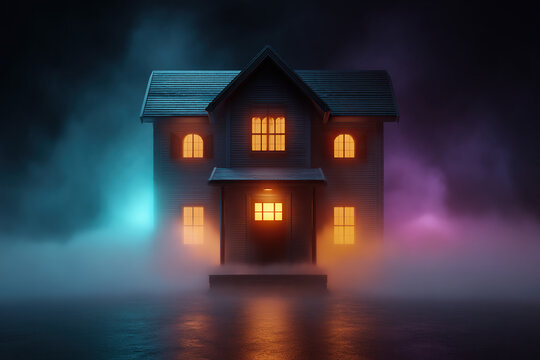 Eerie two-story house with glowing windows amidst a dense fog, creating a spooky and mysterious scene.