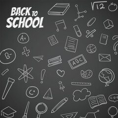 School banner with doodles drawn school supplies, stationery. Back to School banner, poster.