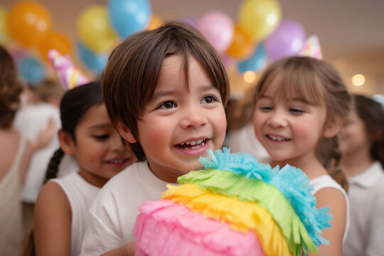 Joyful children celebrate with a colorful piñata and festive balloons, sharing smiles and excitement at a lively birthday party.