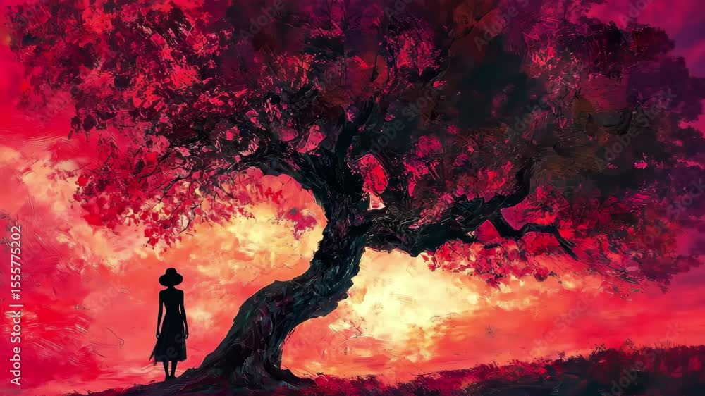 Poster moving under an ancient tree with a vibrant red sky above at twilight, moving under old tree with re