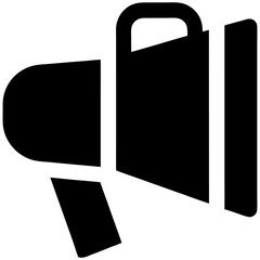 A black megaphone icon broadcasts a message, isolated on white background