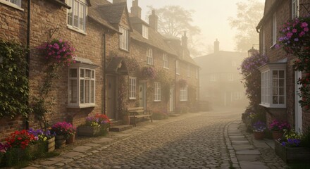Fototapeta premium English stone village street with floral charm and morning mist