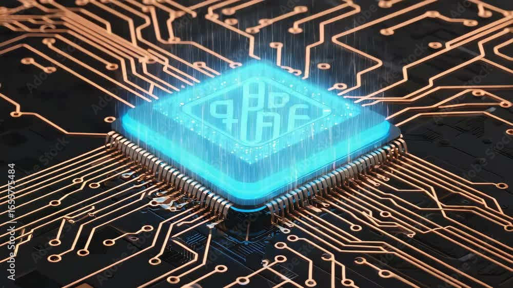 Poster innovative microchip design displayed on sophisticated circuit board technology