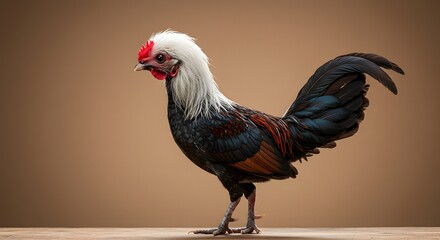 Rooster with White Crest Standing on Wooden Surface