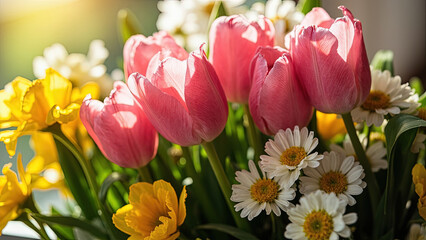 Close-up of a vibrant bouquet featuring pink tulips yellow daffodils and white daisies with green stems and leaves illuminated by sunlight