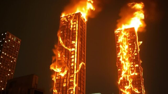 skyscrapers engulfed in flames at night with smoke and other buildings around